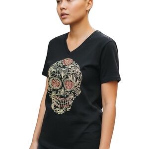 Dia De Los Muertos Day Of The Dead Black T-shirt Small Sparkle Skull